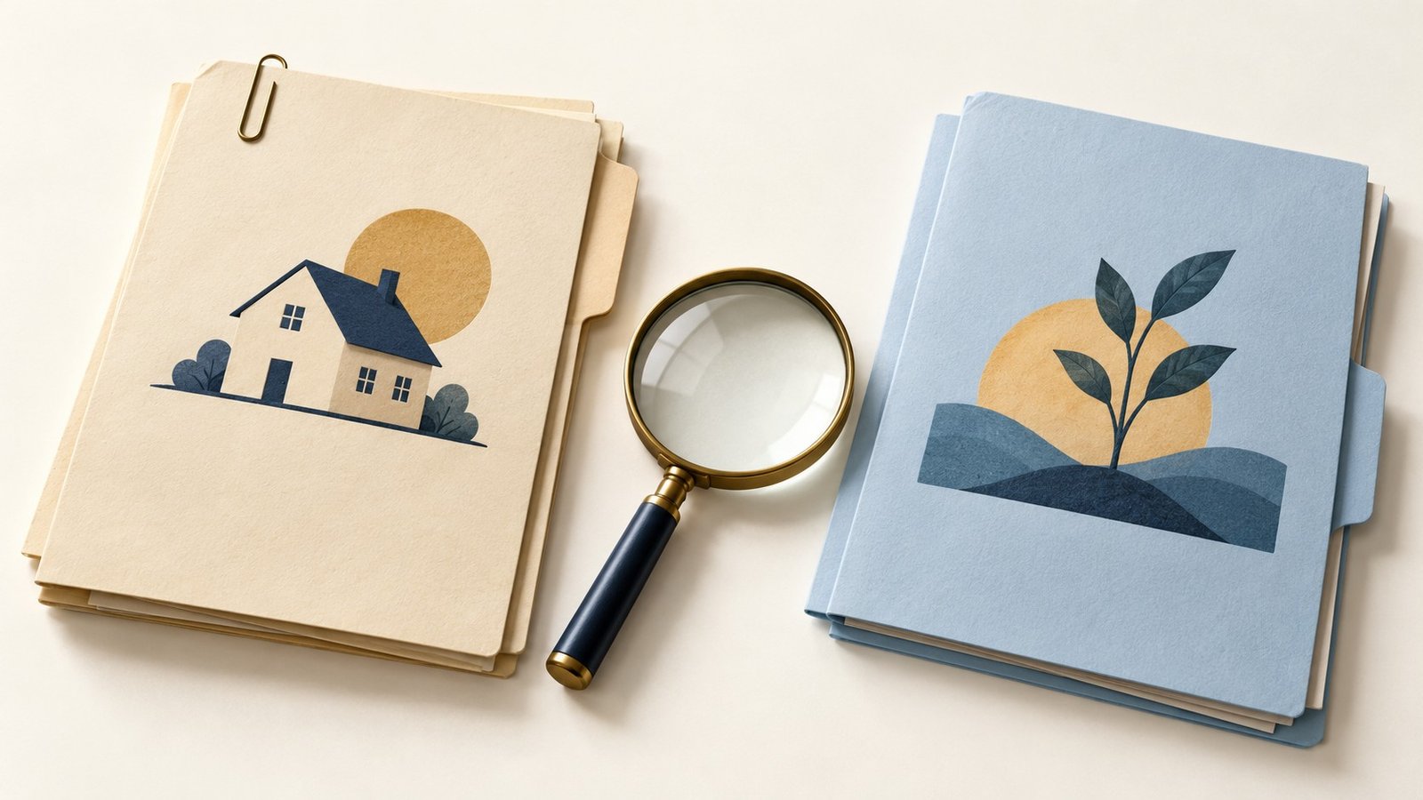 Cream and blue document folders separated by a magnifying glass, illustrating borrowing and investing.