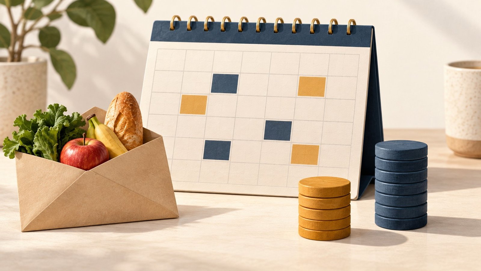 A blank household calendar, grocery envelope and separate stacks of wooden counters.