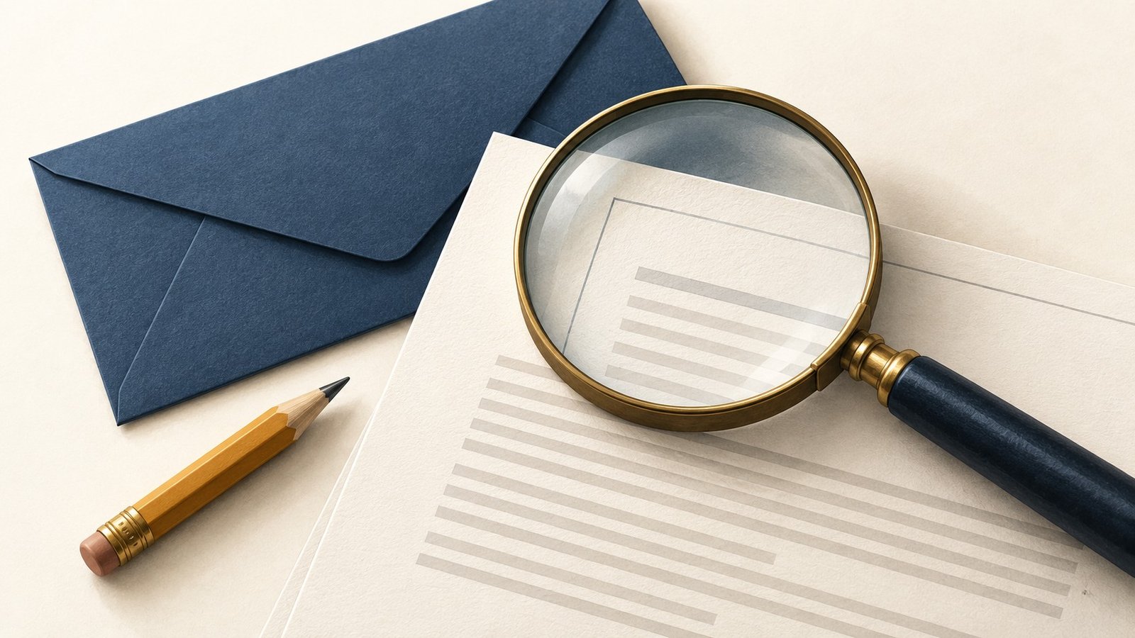 Magnifying glass over an unbranded loan document beside a blue envelope and pencil.