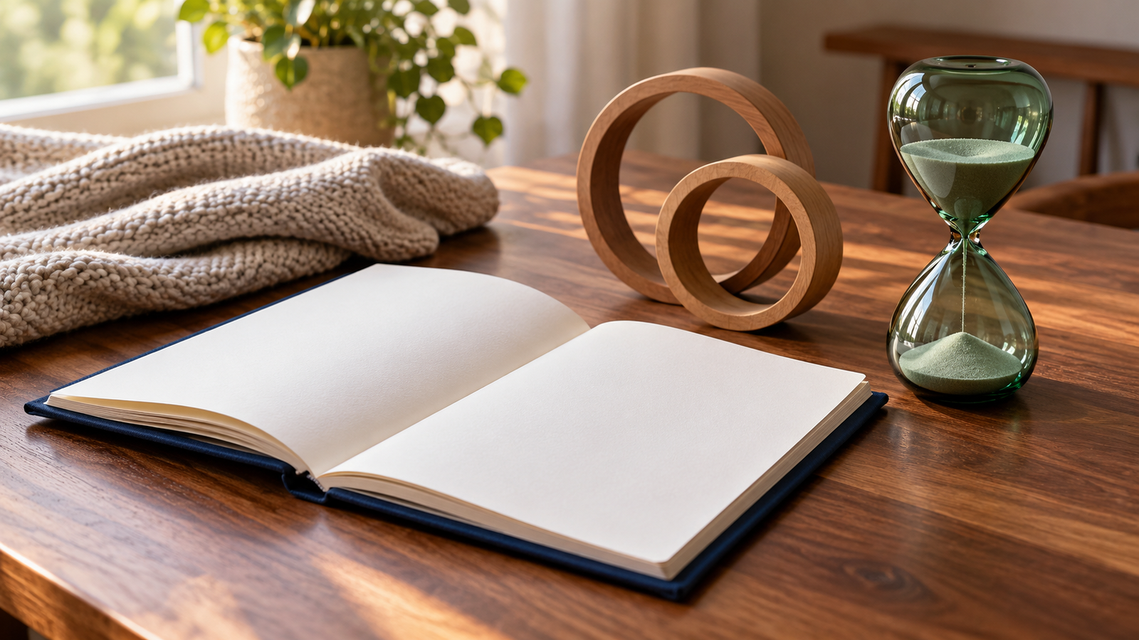Blank navy ledger, wooden nesting circles and a green hourglass on a walnut table.