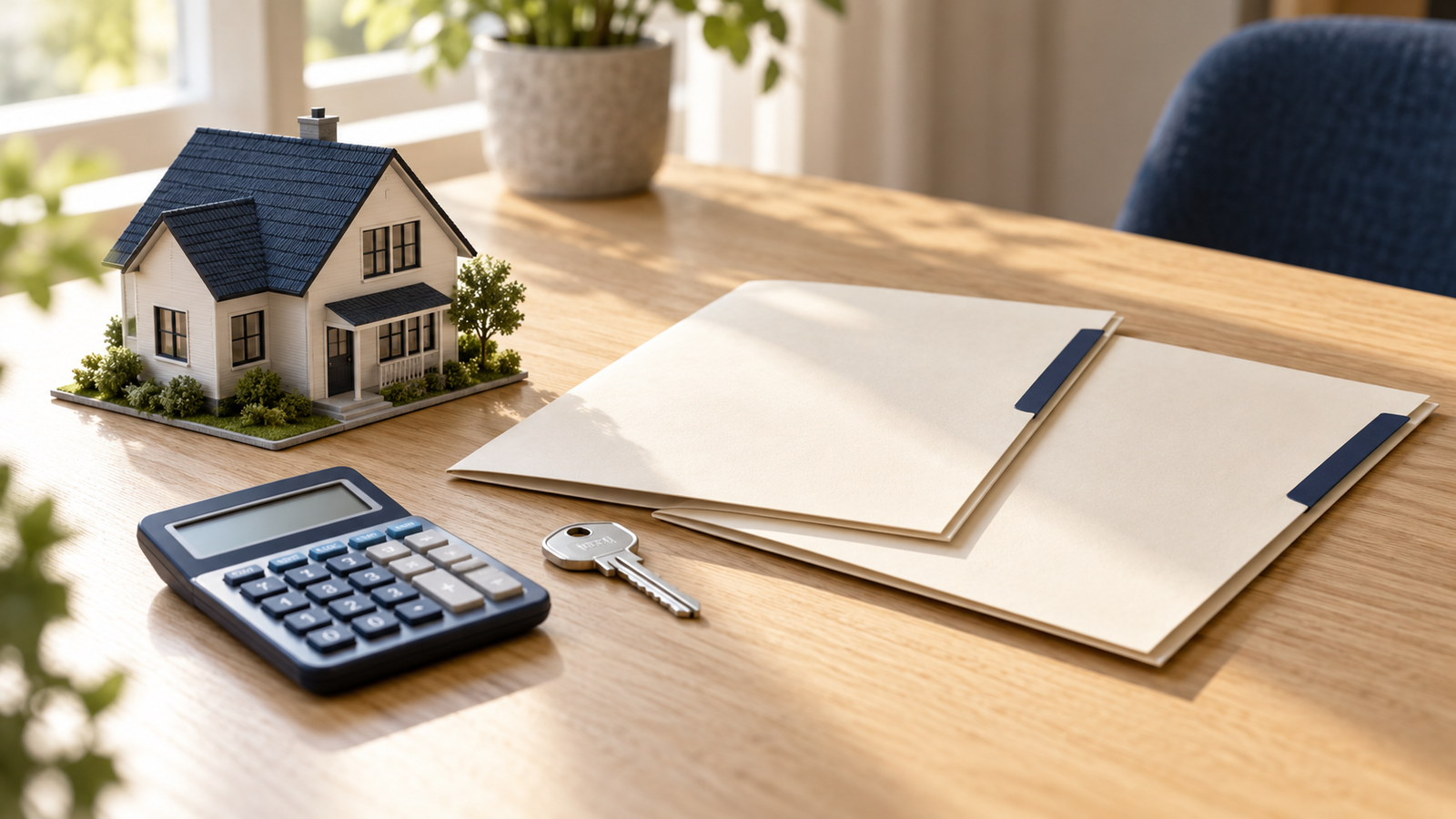 Model house, key, calculator and two folders representing mortgage offer comparisons.