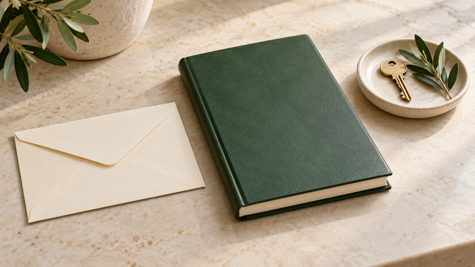 Sealed cream envelope beside a green ledger, an unbranded key and an olive sprig.