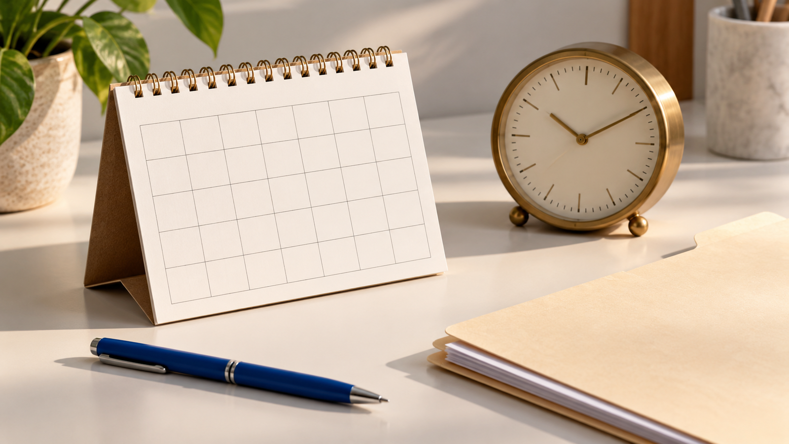 Blank desk calendar, blue pen, brass clock and cream folder on a warm-white desk.