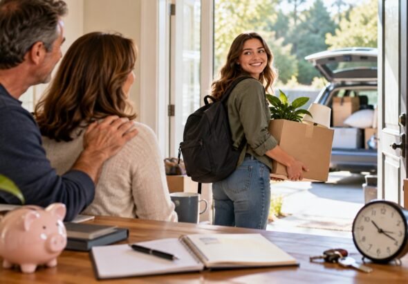 Editorial illustration accompanying An Adult Child Moving Out: Agree on Costs, Timing and Backup Plans