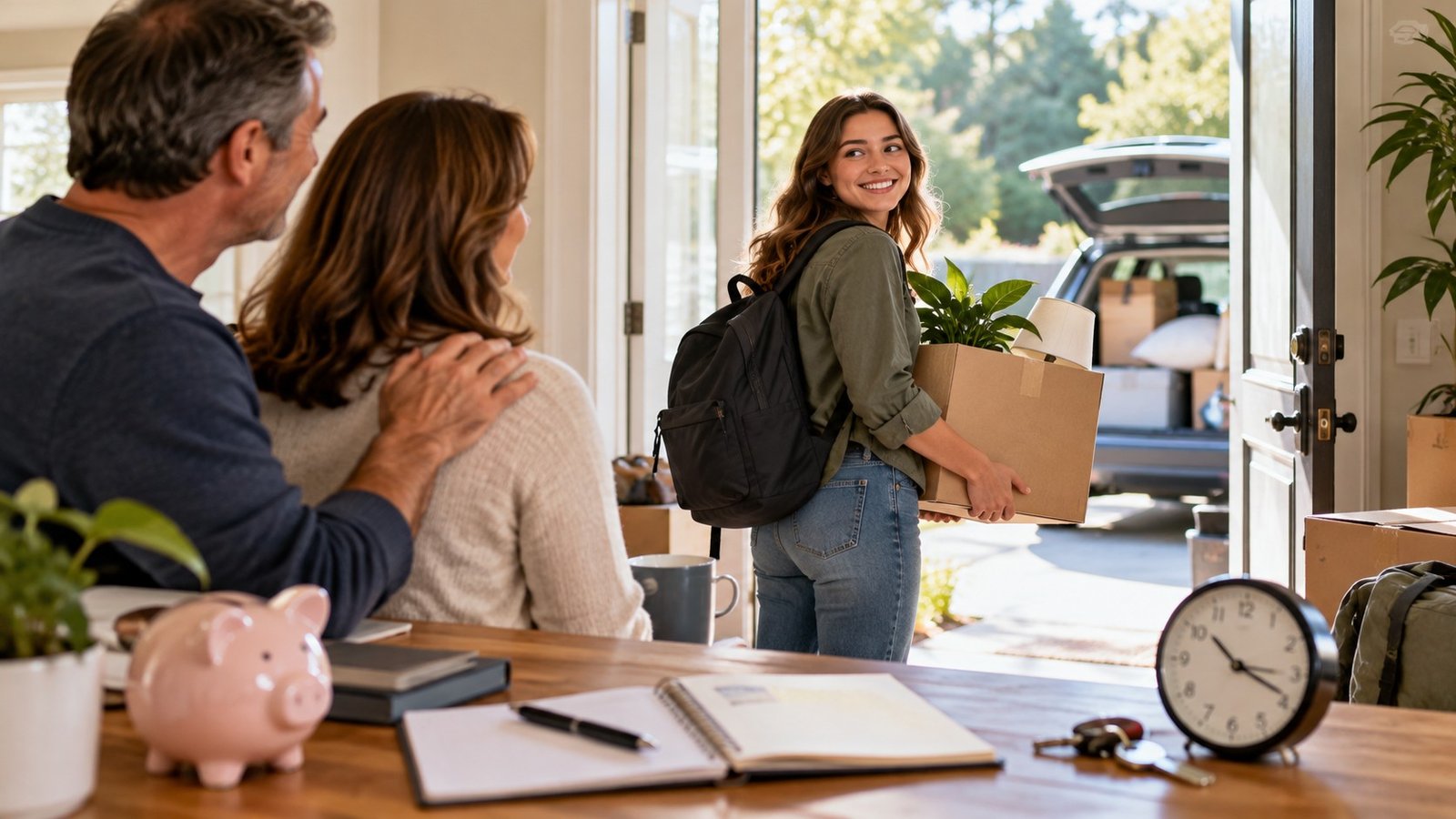 Editorial illustration accompanying An Adult Child Moving Out: Agree on Costs, Timing and Backup Plans