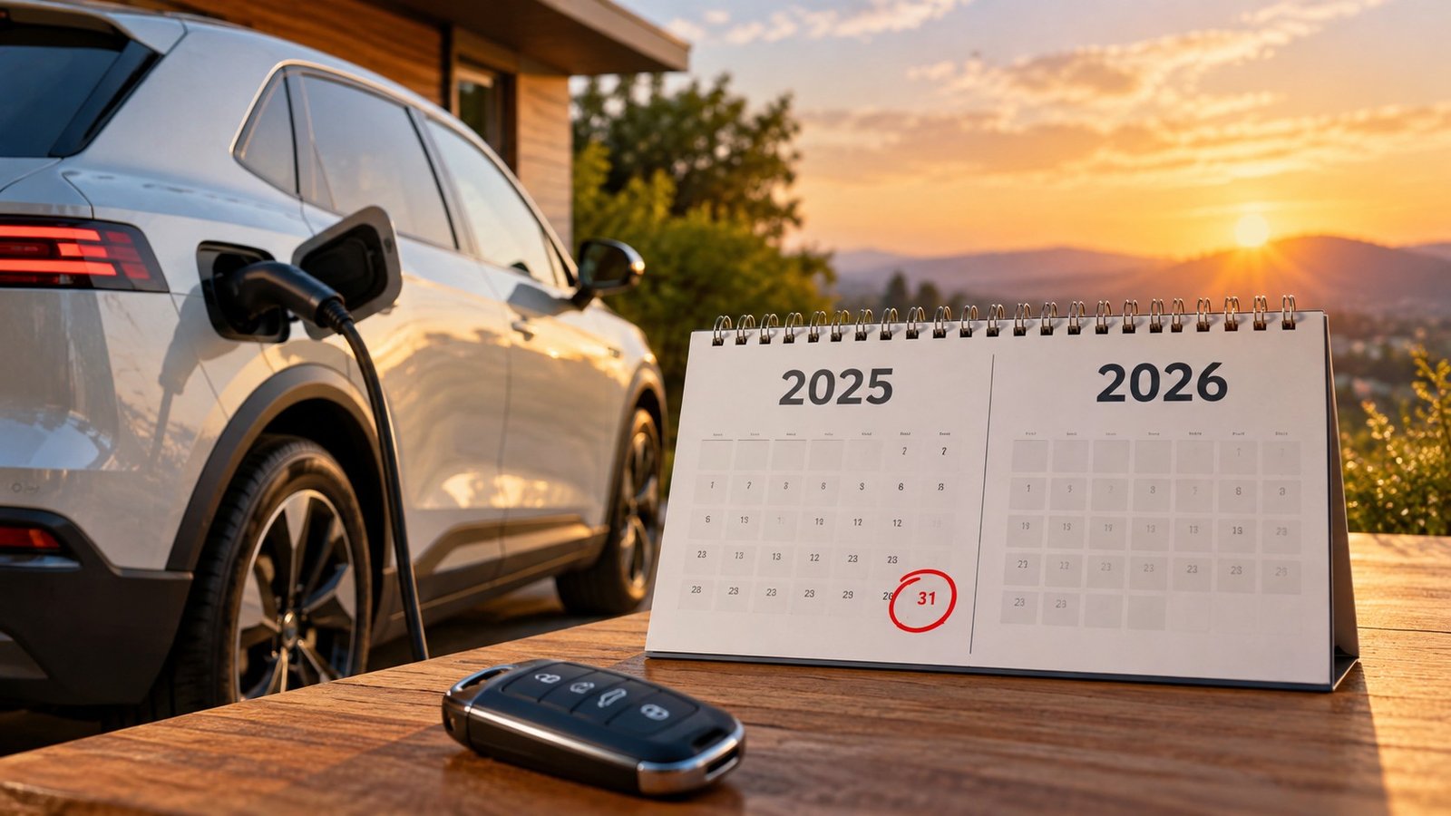 Editorial illustration accompanying Federal EV Tax Credits in 2026: Check the 2025 Acquisition Cutoff