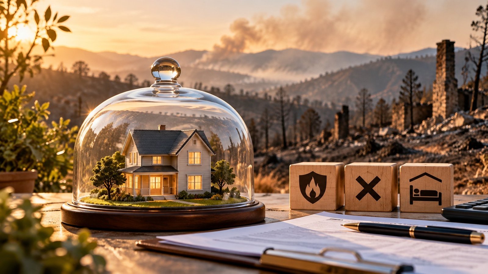Editorial illustration accompanying Wildfire Insurance: Check Fire Coverage, Exclusions and Living Expenses