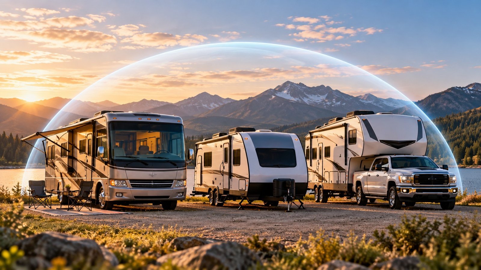 Editorial illustration accompanying RV Insurance: Separate Motorhome, Trailer and Full-Time Living Risks