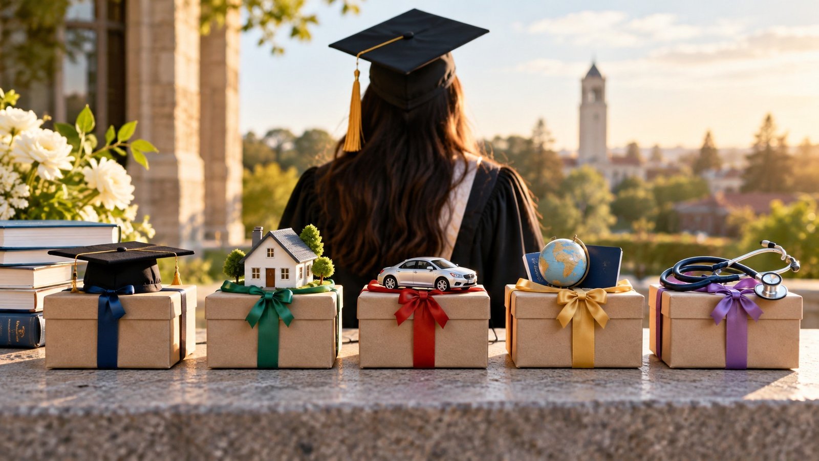 Editorial illustration accompanying Financial Gifts for Graduates: Match the Help to the Next Expense