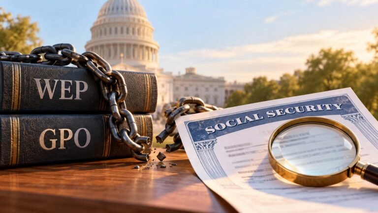 Editorial illustration accompanying WEP and GPO Were Repealed: What to Check on Your Social Security Record