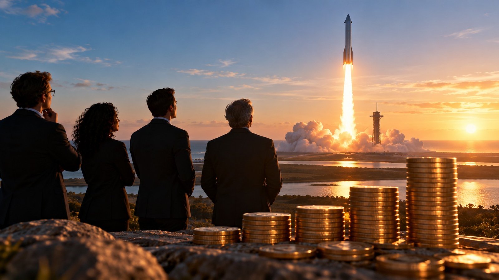 Editorial illustration accompanying From startup to $1.8 trillion: The investors who took a chance on SpaceX now reap the rewards