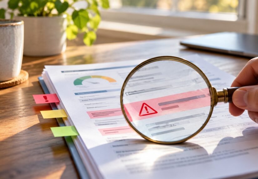 Editorial illustration accompanying How to Read Your Credit Report and Keep Track of Errors