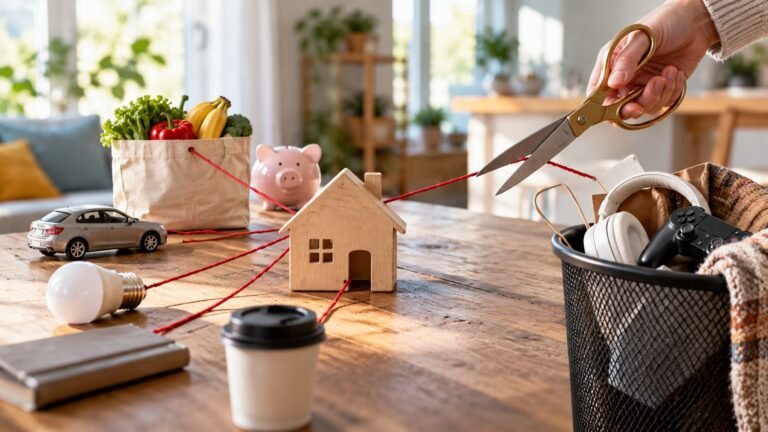 Editorial illustration accompanying How to Cut Household Expenses Without Creating New Costs