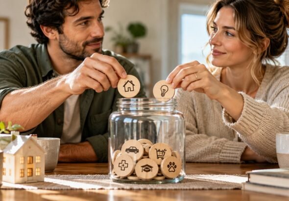 Editorial illustration accompanying Budgeting as a Couple: Agree on Bills Before Combining Accounts