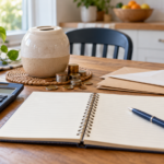 A budgeting notebook, calculator, savings jar and envelopes on a kitchen table