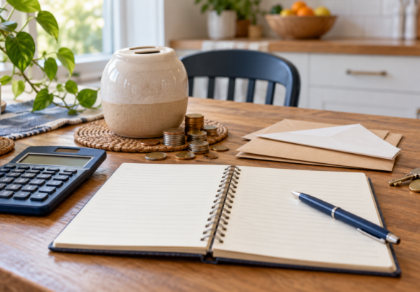 A budgeting notebook, calculator, savings jar and envelopes on a kitchen table