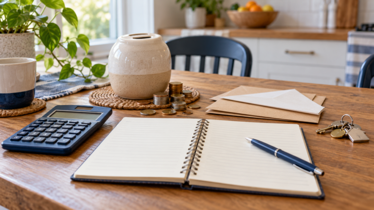 A budgeting notebook, calculator, savings jar and envelopes on a kitchen table