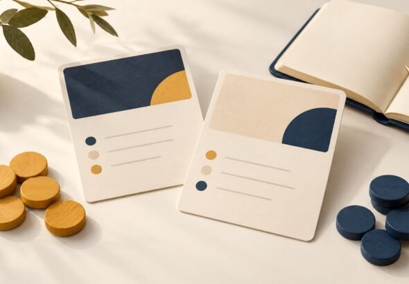 Two blank offer sheets beside an open notebook and separate groups of counters.