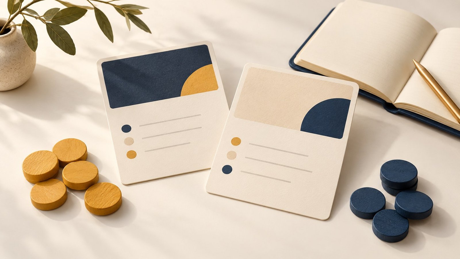 Two blank offer sheets beside an open notebook and separate groups of counters.