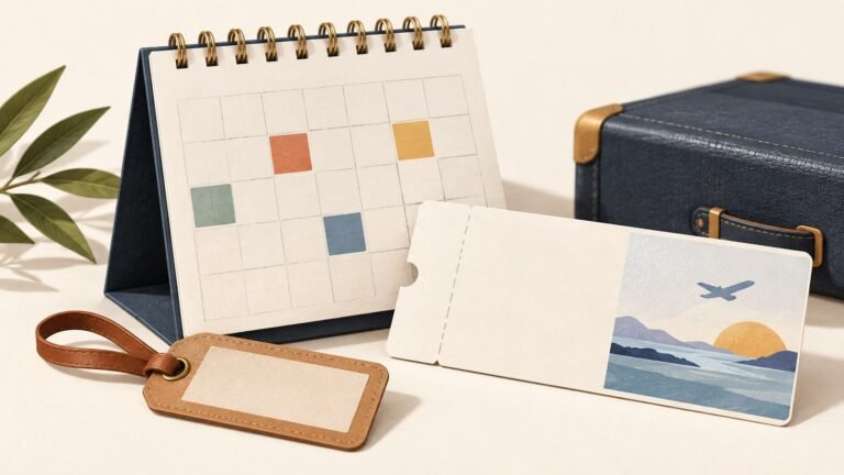 Unmarked calendar beside a blank travel voucher, luggage tag and small travel case.