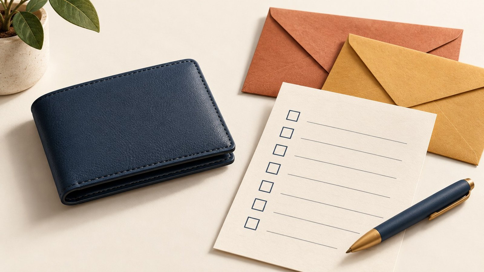 Closed navy wallet beside a blank bill checklist and two envelopes.