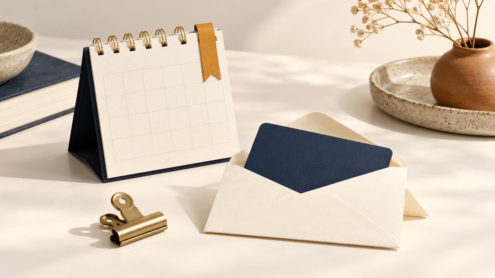 Unmarked renewal calendar beside a card in a cream envelope and a brass clip.