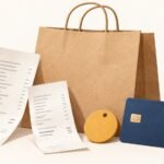 Kraft shopping bag beside blank receipts, an unbranded card and a plain membership token.