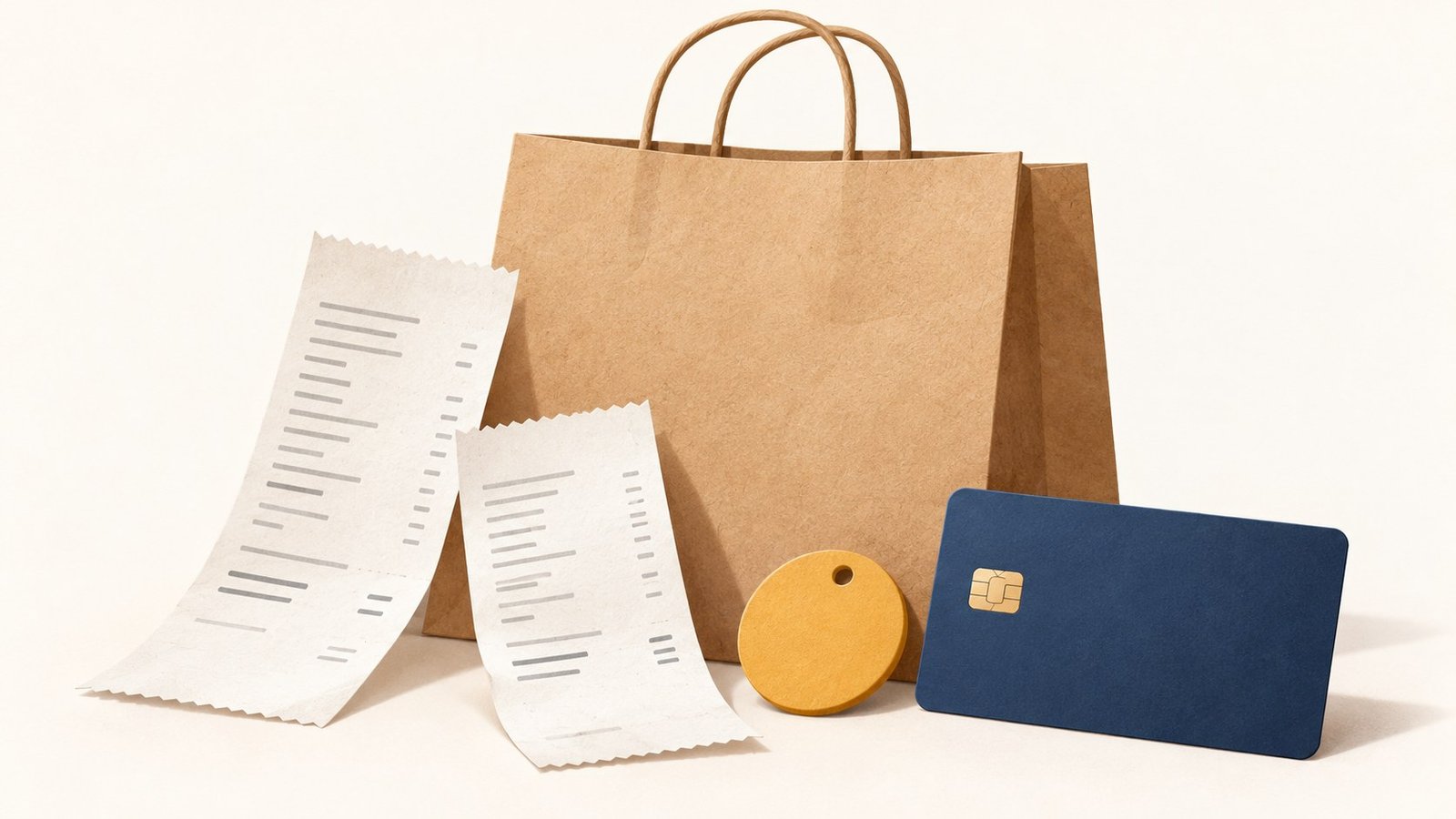 Kraft shopping bag beside blank receipts, an unbranded card and a plain membership token.