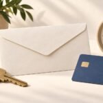 House key and blank rent envelope beside an unbranded payment card and clock.