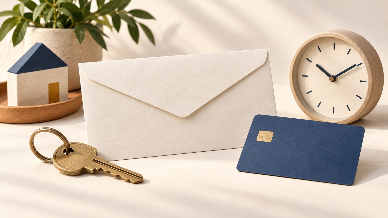 House key and blank rent envelope beside an unbranded payment card and clock.