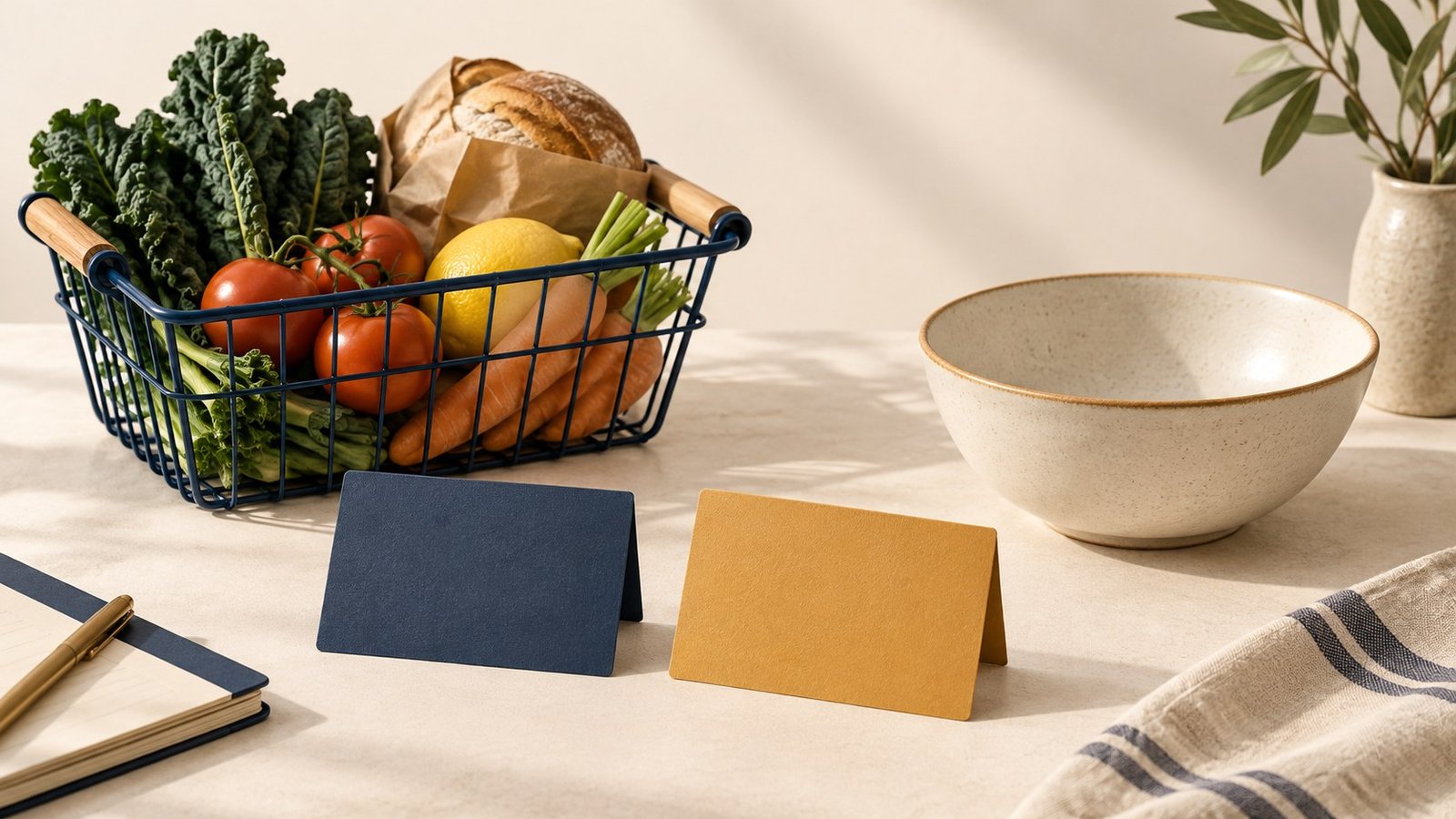 Grocery basket and plain dining bowl beside two unbranded category cards.