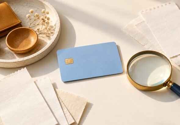 Plain blue card beside a magnifying glass, blank cost slips and a ceramic tray.
