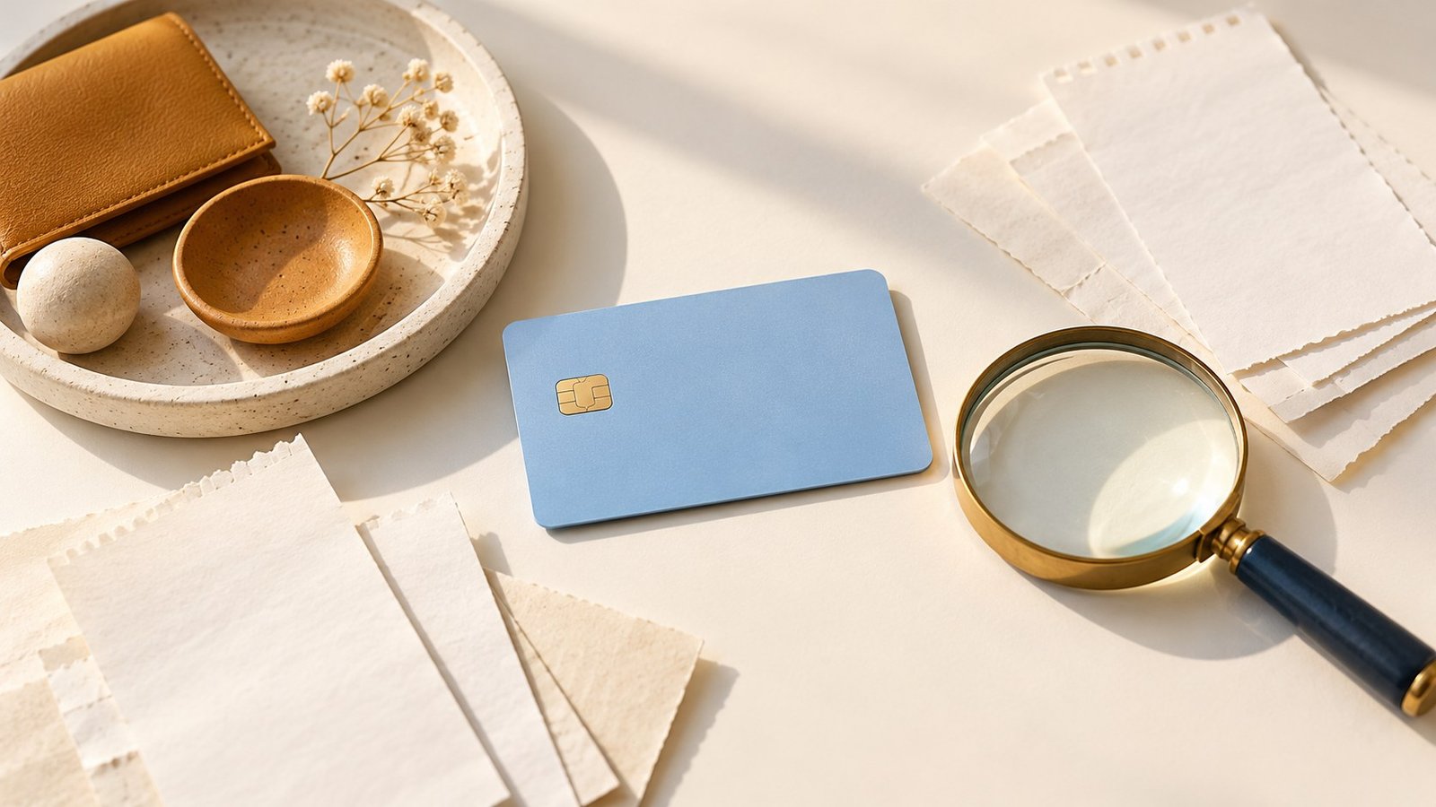 Plain blue card beside a magnifying glass, blank cost slips and a ceramic tray.