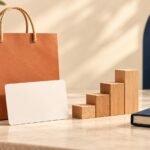 Plain shopping bag and blank card beside ascending wooden blocks and a navy notebook.