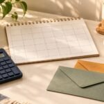 Blank calendar, plain calculator, two envelopes and a small bowl of coins on a light desk.