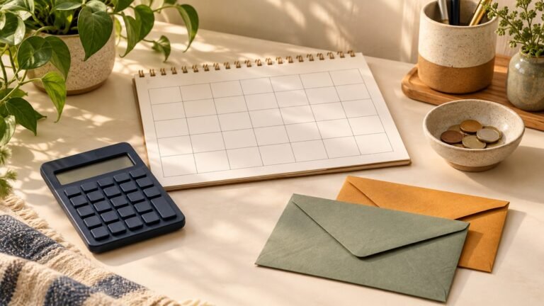 Blank calendar, plain calculator, two envelopes and a small bowl of coins on a light desk.