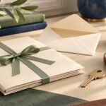 Cream document folder, open envelope, house key and small wooden trays on an ivory desk.