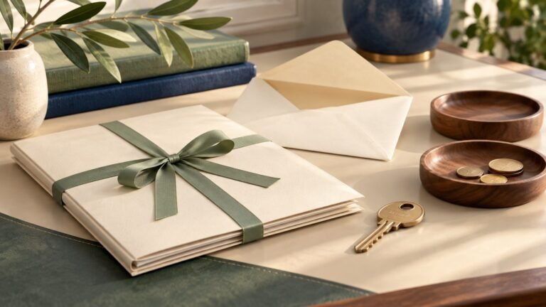 Cream document folder, open envelope, house key and small wooden trays on an ivory desk.