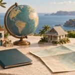 Unlabeled globe, two miniature houses, plain travel document and folded map on a light table.