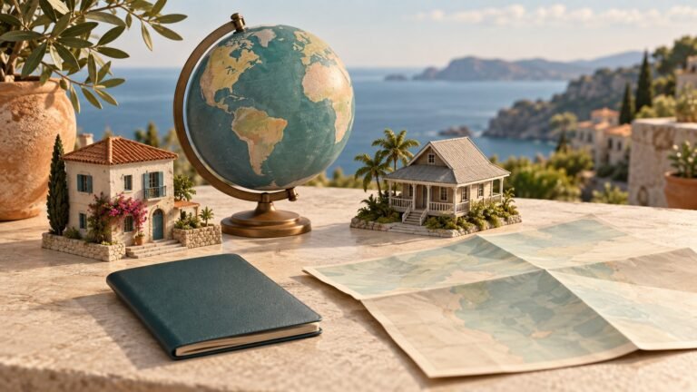 Unlabeled globe, two miniature houses, plain travel document and folded map on a light table.