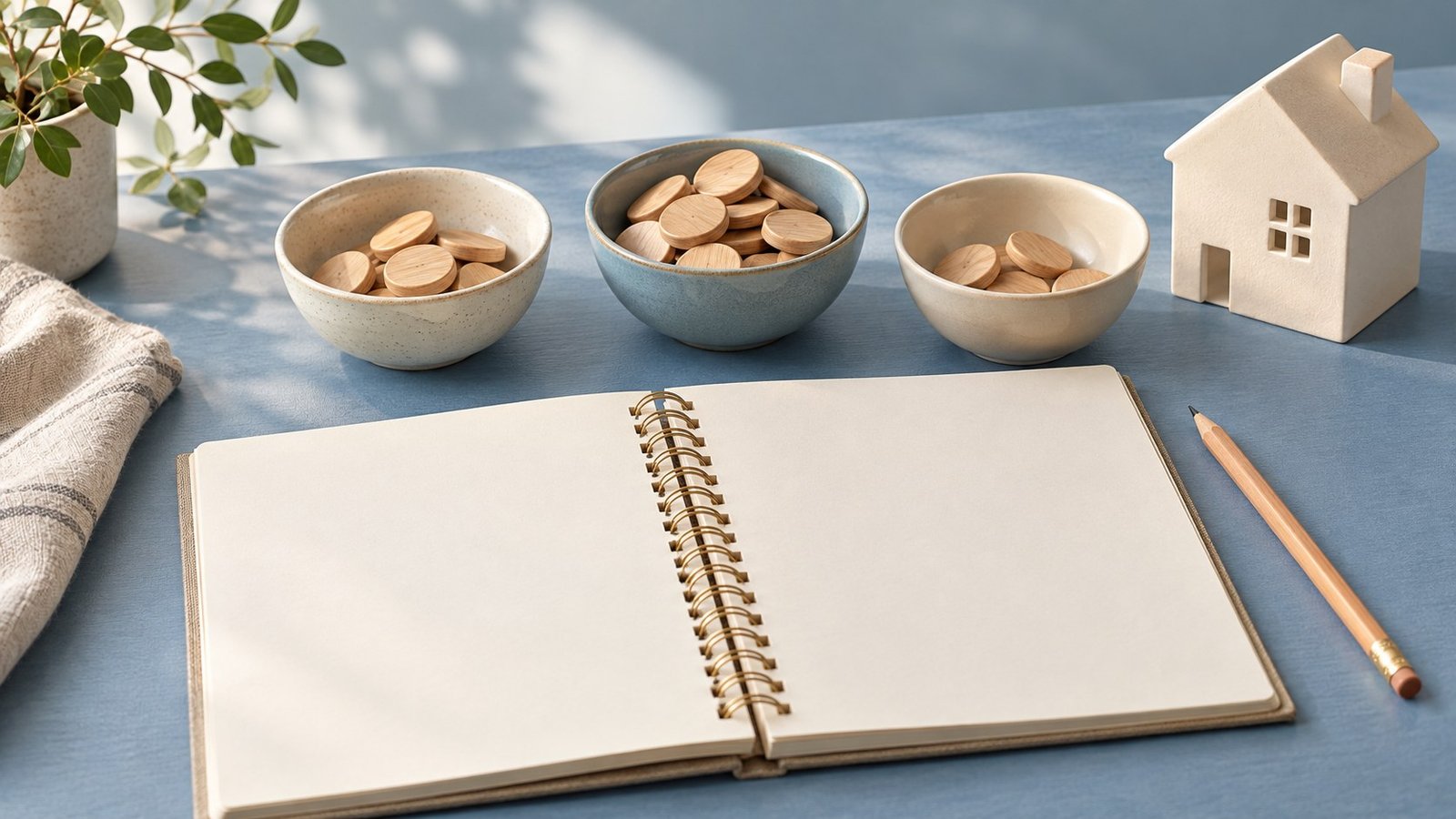 Blank notebook beside three bowls of wooden counters and a small cream house model.