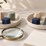Two ceramic trays containing varied wooden shapes and repeated navy cubes, with a magnifying glass and blank paper.