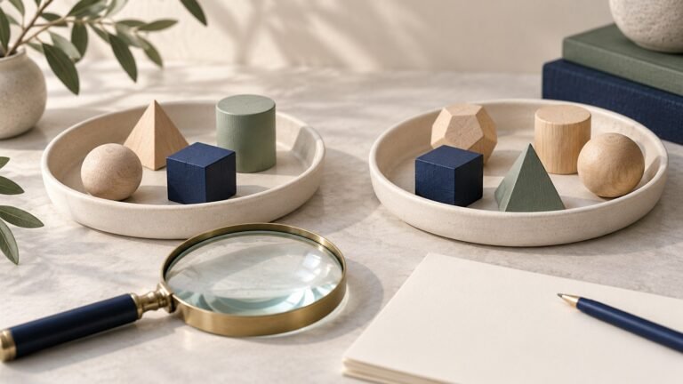 Two ceramic trays containing varied wooden shapes and repeated navy cubes, with a magnifying glass and blank paper.