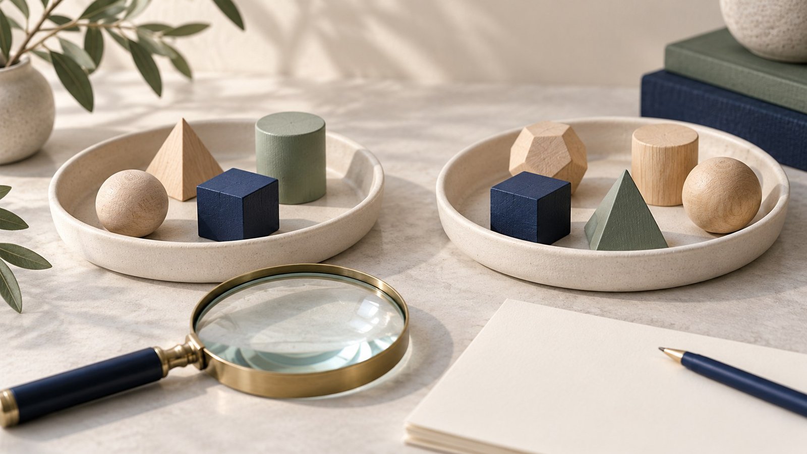 Two ceramic trays containing varied wooden shapes and repeated navy cubes, with a magnifying glass and blank paper.