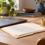 Closed unbranded laptop, plain folder, brass padlock and wooden house on a home-office desk.