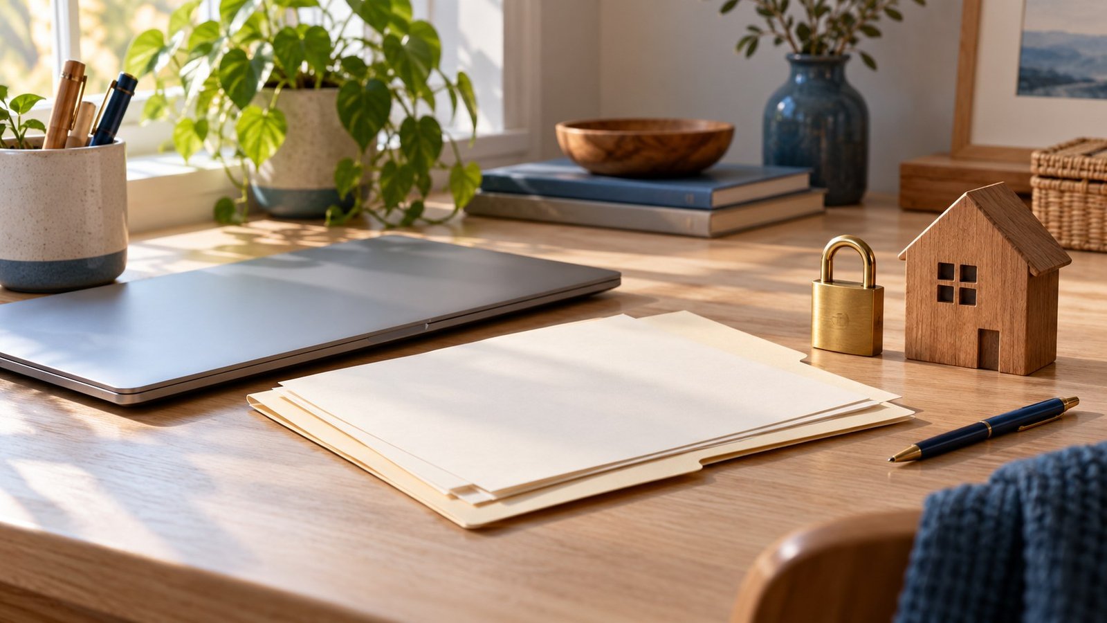 Closed unbranded laptop, plain folder, brass padlock and wooden house on a home-office desk.