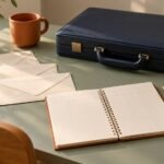 Plain briefcase, unmarked envelopes, blank weekly planner and wooden counters on a sage table.