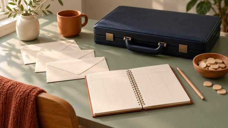 Plain briefcase, unmarked envelopes, blank weekly planner and wooden counters on a sage table.