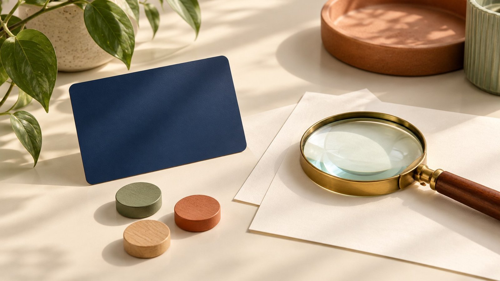 Blank navy card, magnifying glass, plain documents and three wooden counters on a cream desk.