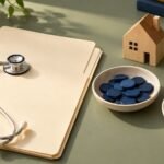 Plain healthcare folder and stethoscope beside a wooden house and two bowls of counters.